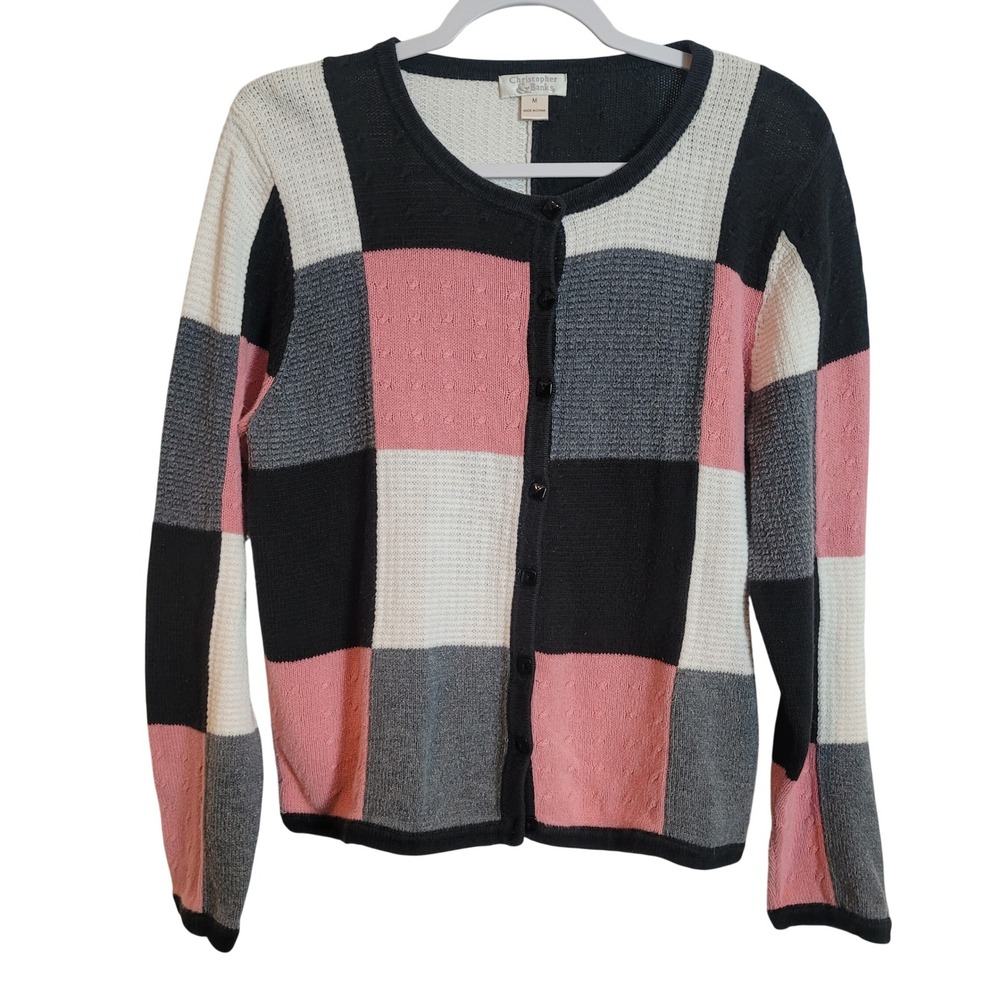 Christopher & Banks Women Pink Grey Colorblock Patchwork Cardigan Sweater Medium